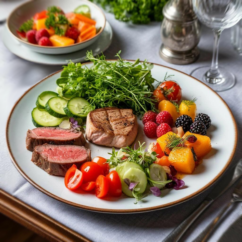 A plate of healthy, balanced food made from fresh vegetables and meat symbolizes an individual approach to nutrition. A plate of healthy, balanced food made from fresh vegetables and meat symbolizes an individual approach to nutrition.